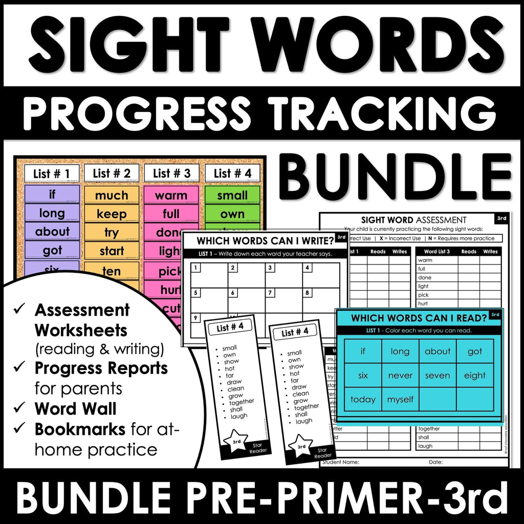 Sight Word Progress Reports BUNDLE | Evaluation Tools Pre-Primer through 3rd - Hot Chocolate Teachables