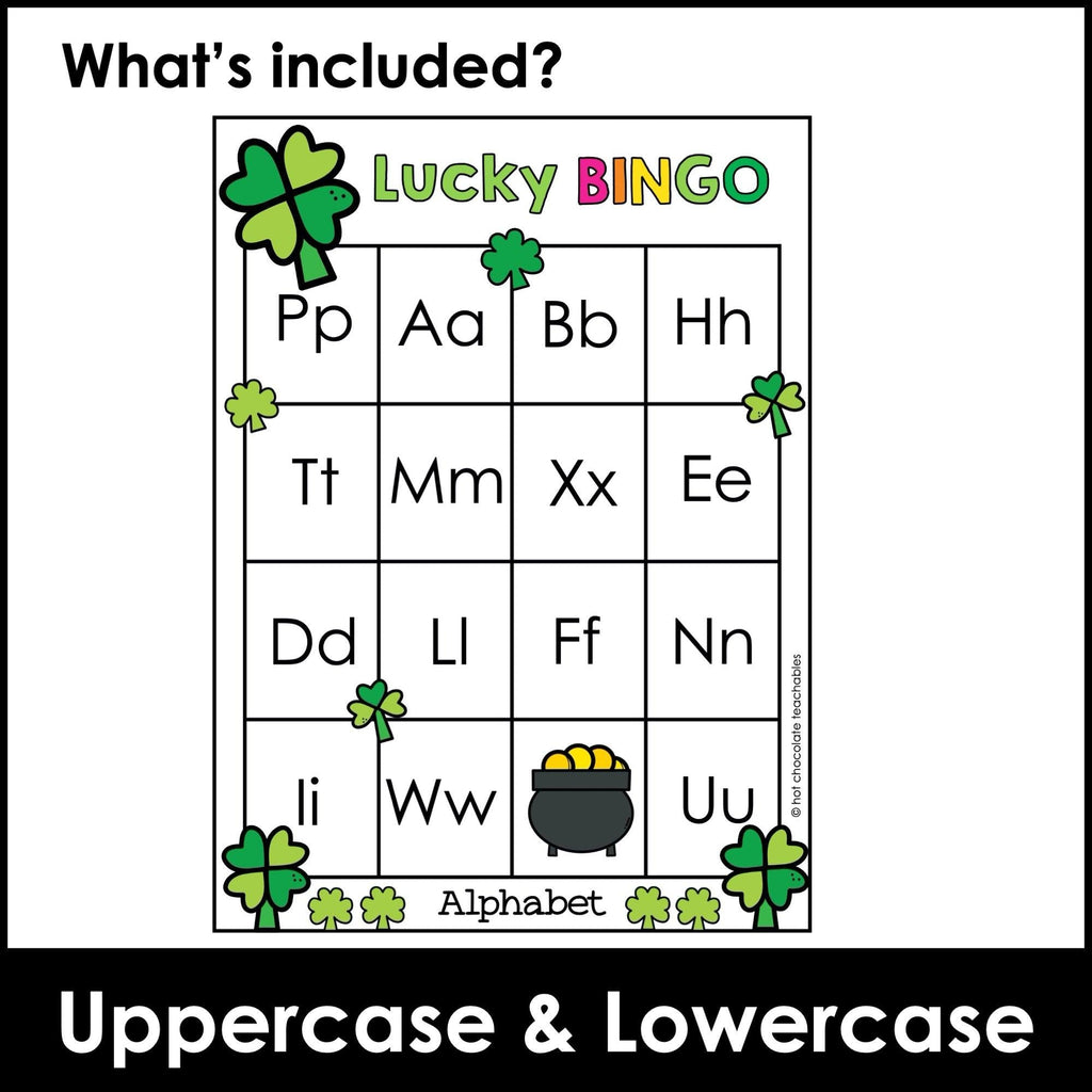 St. Patrick's Day Alphabet Bingo Game for March - Uppercase Letters A through Z - Hot Chocolate Teachables