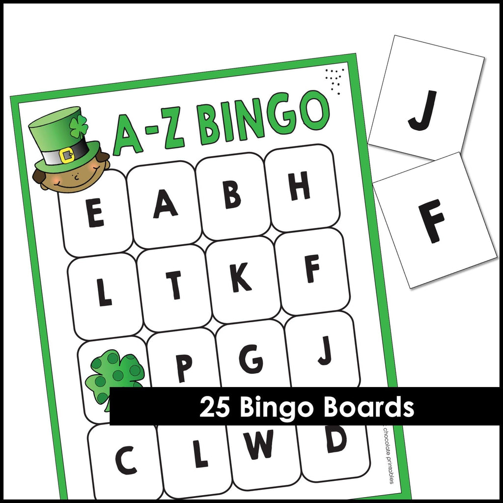 St. Patrick's Day Alphabet Recognition Bingo - Letters A through Z - Hot Chocolate Teachables