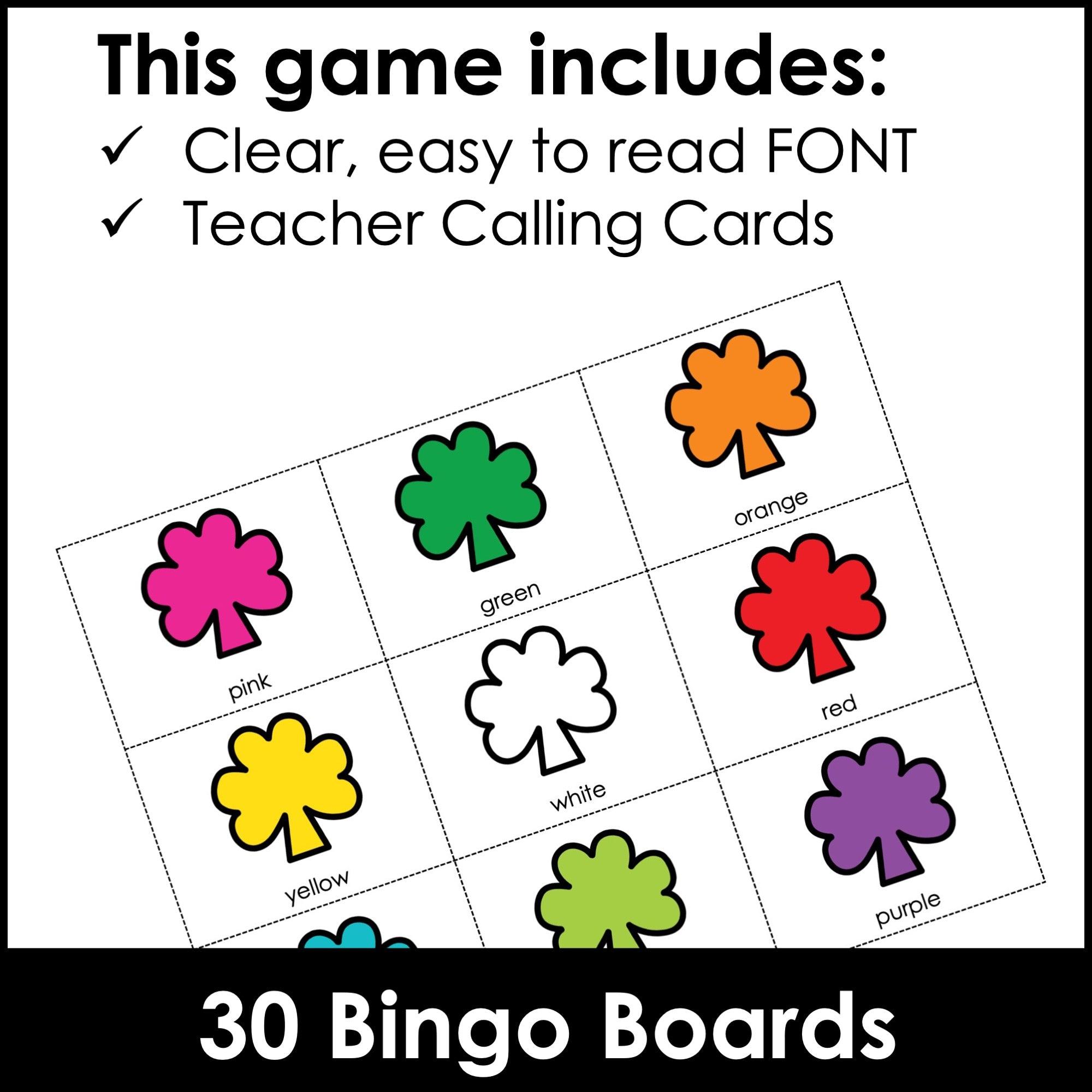 St. Patrick's Day COLOR identification BINGO GAME for Preschool & Kindergarten - Hot Chocolate Teachables