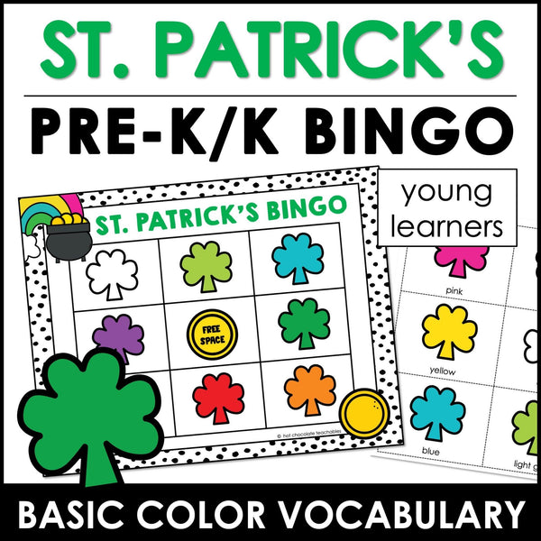 St. Patrick's Day COLOR identification BINGO GAME for Preschool & Kindergarten - Hot Chocolate Teachables