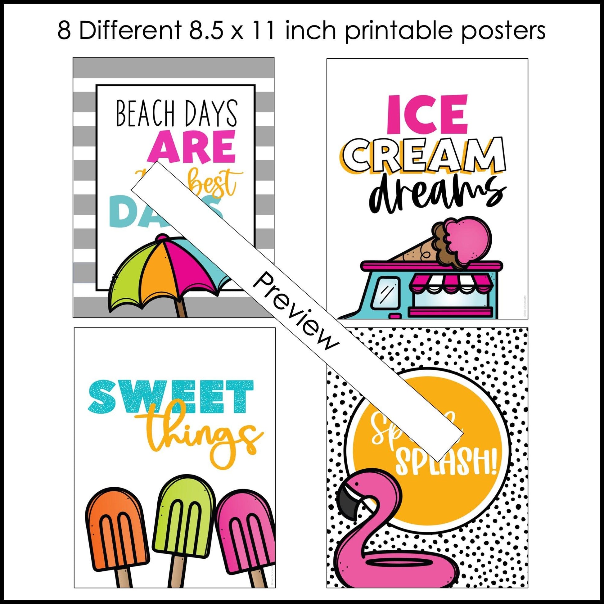 Summer Decorative Classroom Posters | Bulletin Board Decor - 8 Poster Set - Hot Chocolate Teachables