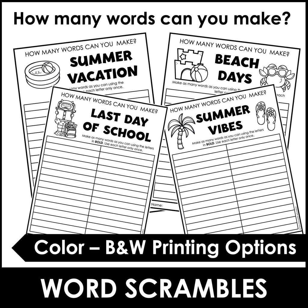 SUMMER & LAST DAY OF SCHOOL Word Scramble Freebie! How many words can you make? - Hot Chocolate Teachables