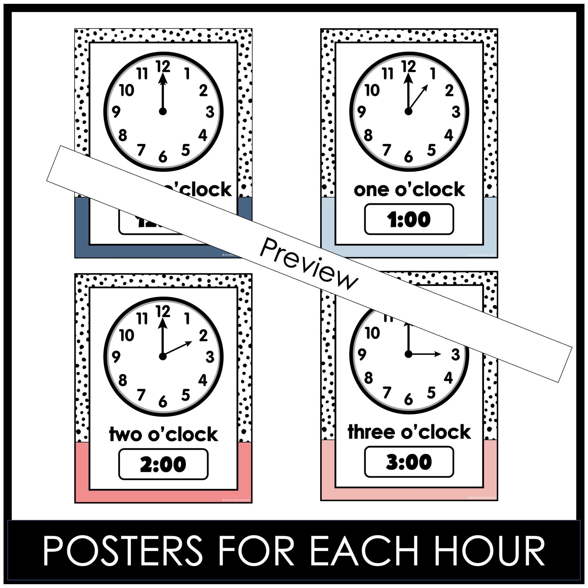 Telling the Time Posters & Clock Labels - Digital & Analog Clocks - Neutrals - Hot Chocolate Teachables
