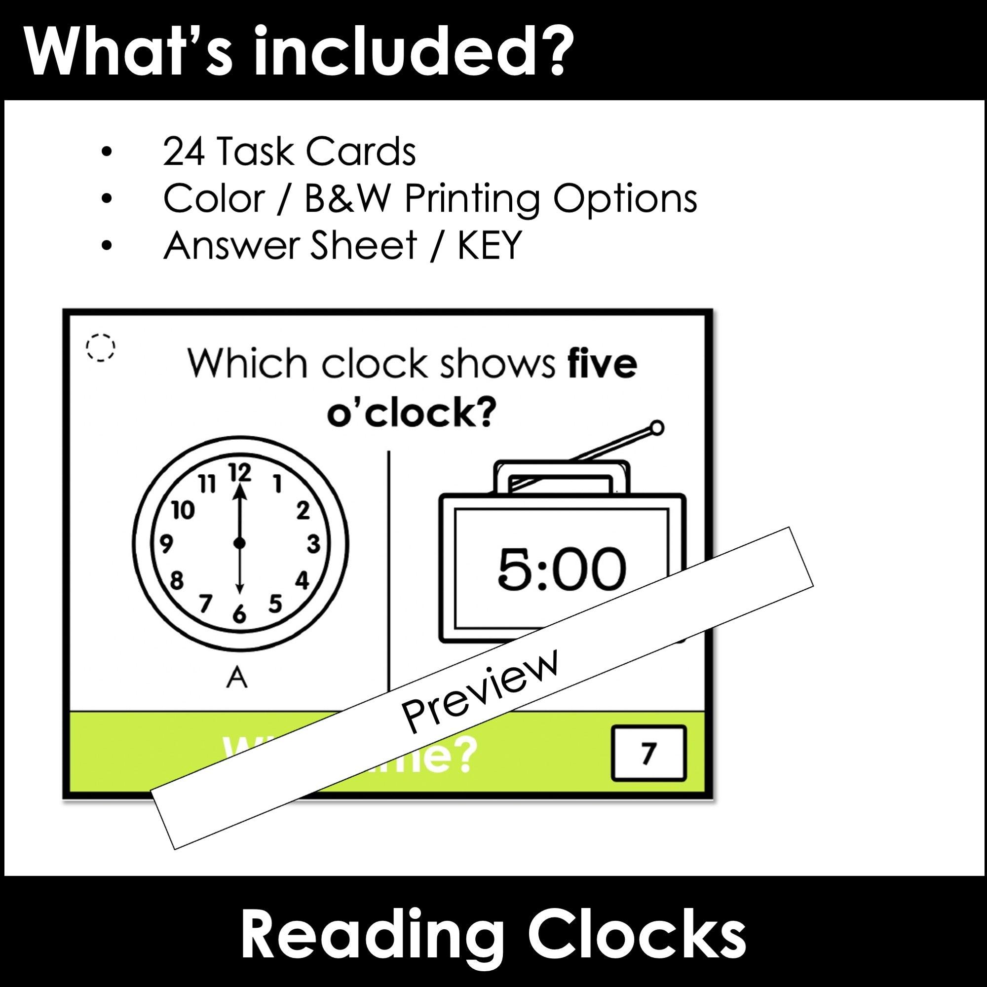 Telling Time Task Cards | To the hour - What time is it? Digital & Analog Clocks - Hot Chocolate Teachables