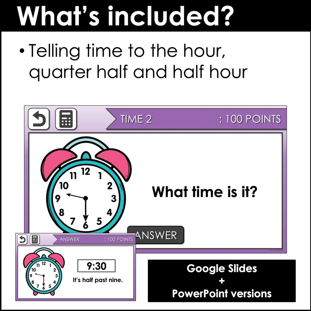 Telling TIME to the hour, half hour and 15 minutes - Interactive Game Show - Hot Chocolate Teachables