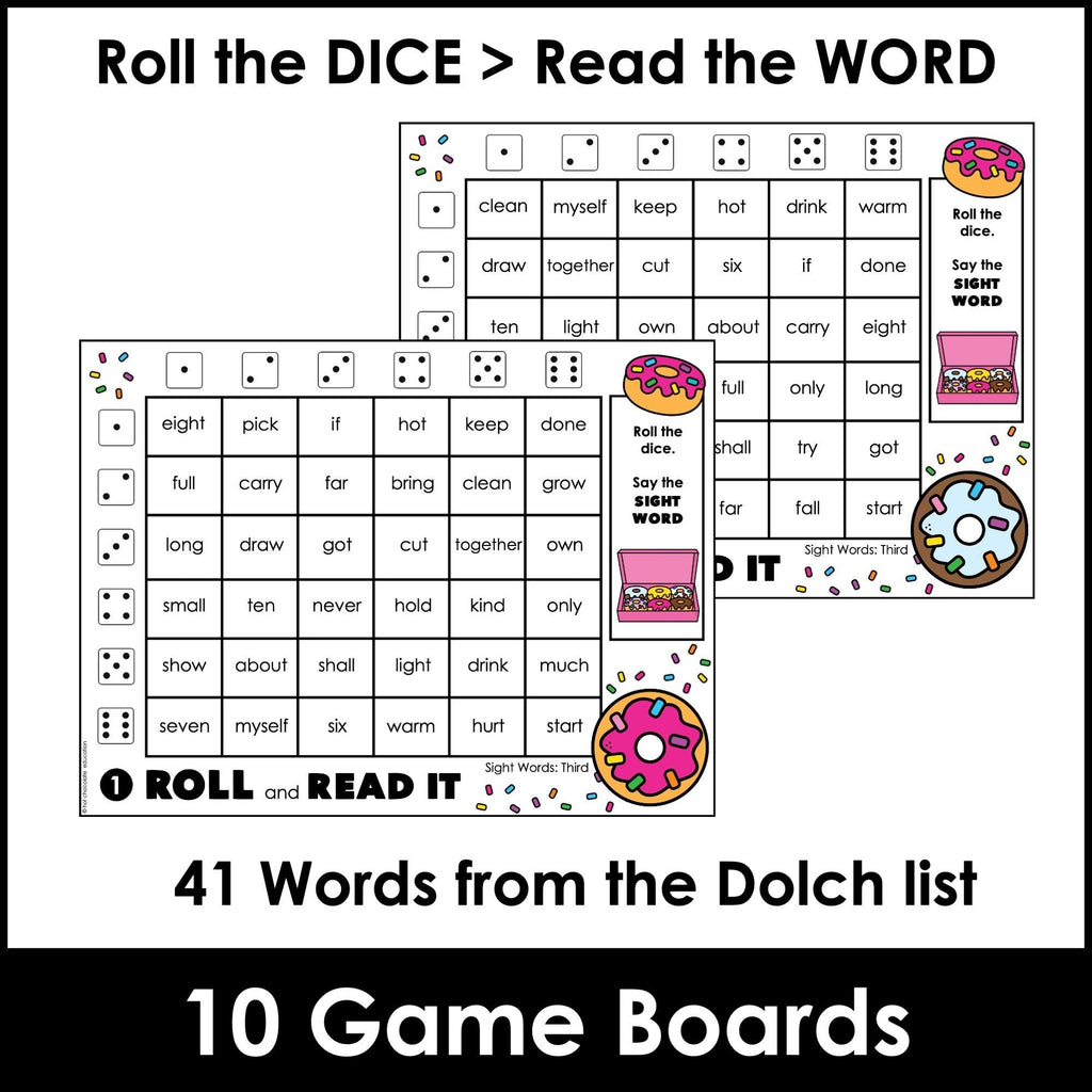 THIRD GRADE Sight Words Roll & Read Activity Boards - Dolch List - Hot Chocolate Teachables