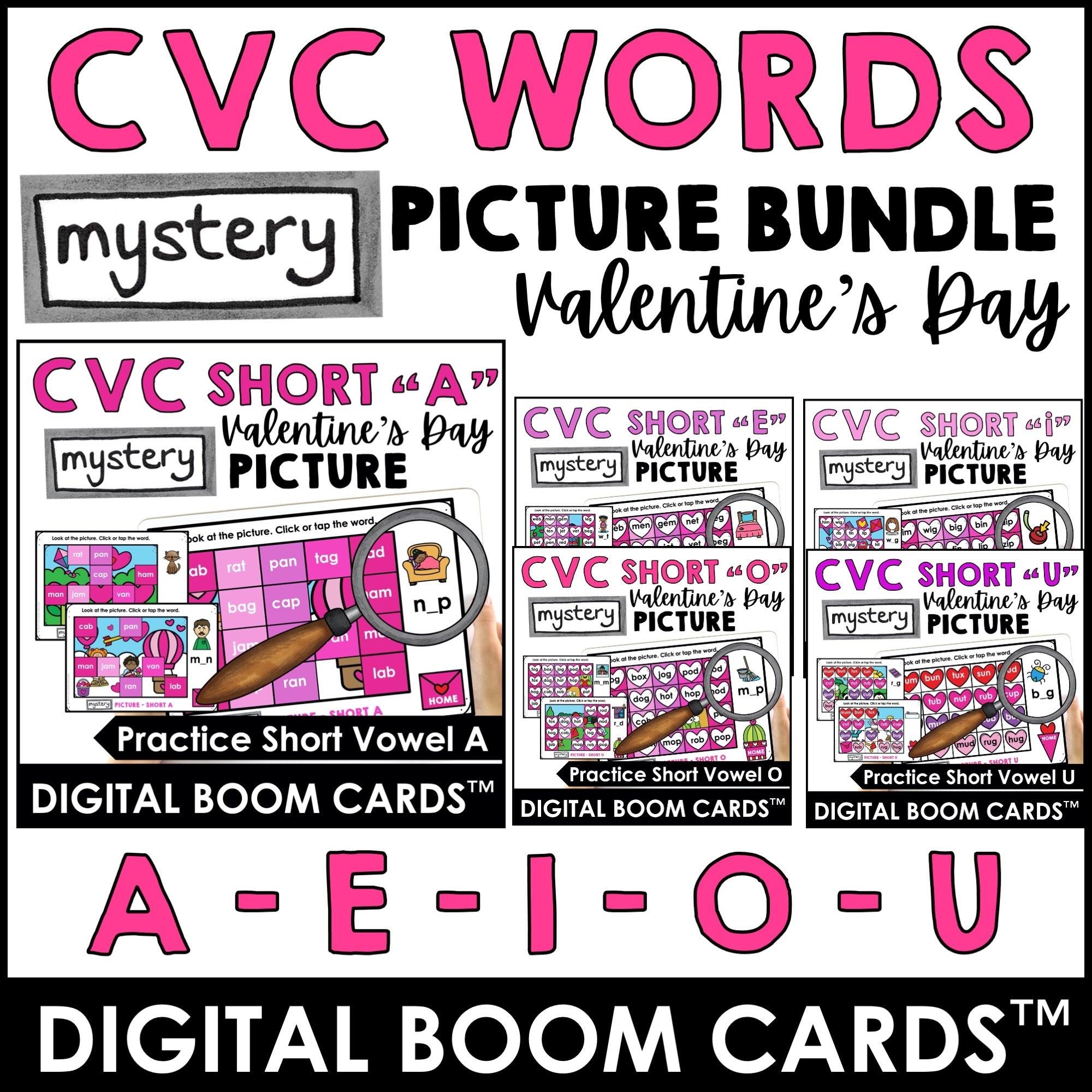 Valentine's Day CVC Word Bundle : Boom Cards to Practice Short Vowels A, E, I, O, U - Hot Chocolate Teachables