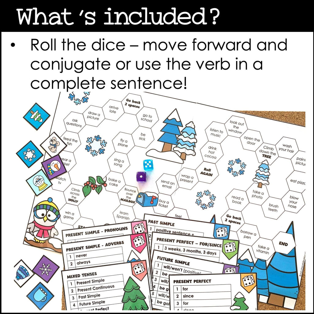 Verbs Board Game | Choose a tense and change the verb | Present Past & Future - Hot Chocolate Teachables