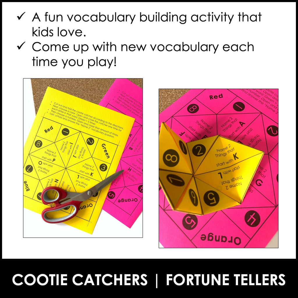 Vocabulary Building Fortune Tellers for ELL's: Name two things from A-Z - Hot Chocolate Teachables