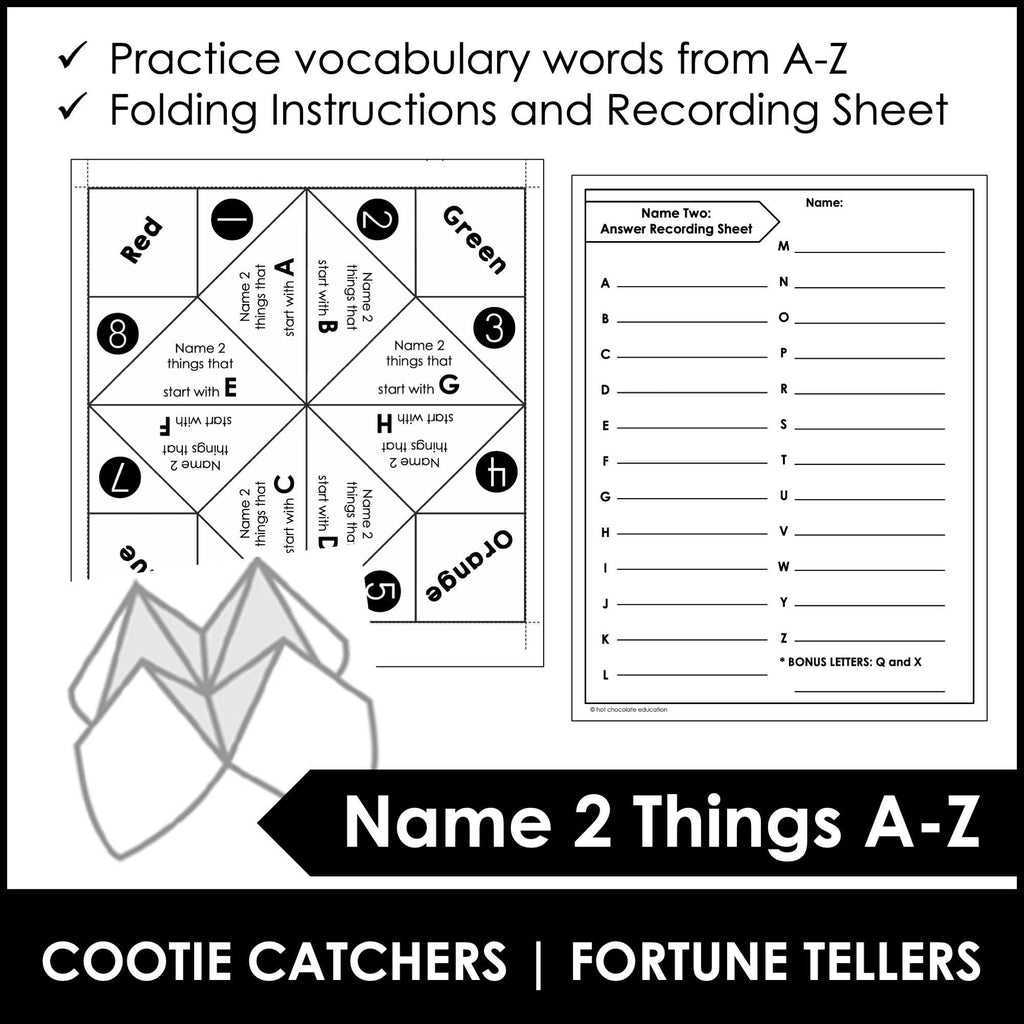 Vocabulary Building Fortune Tellers for ELL's: Name two things from A-Z - Hot Chocolate Teachables