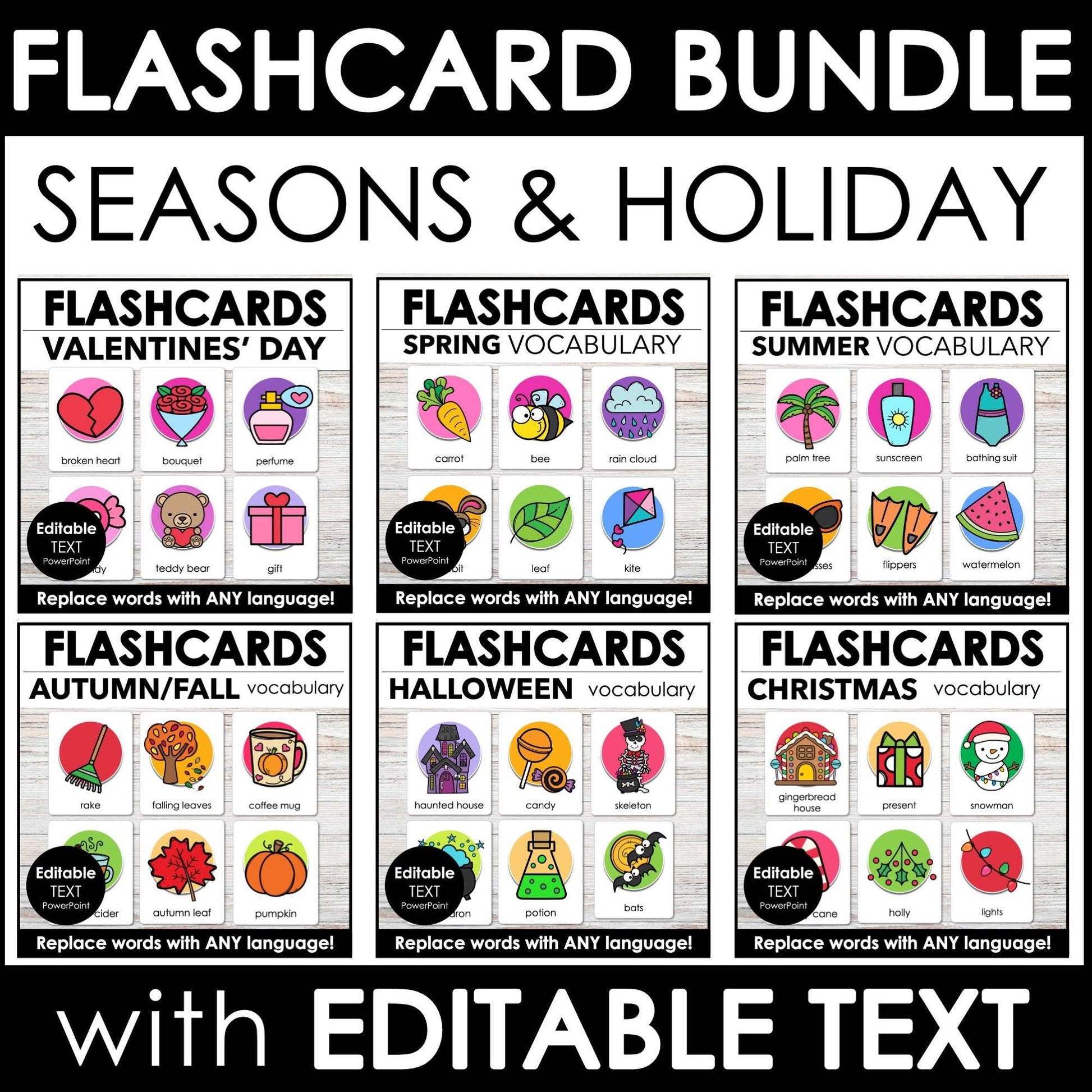 Vocabulary Flash card BUNDLE - Seasons and Holidays Editable Flashcards for ESL - Hot Chocolate Teachables