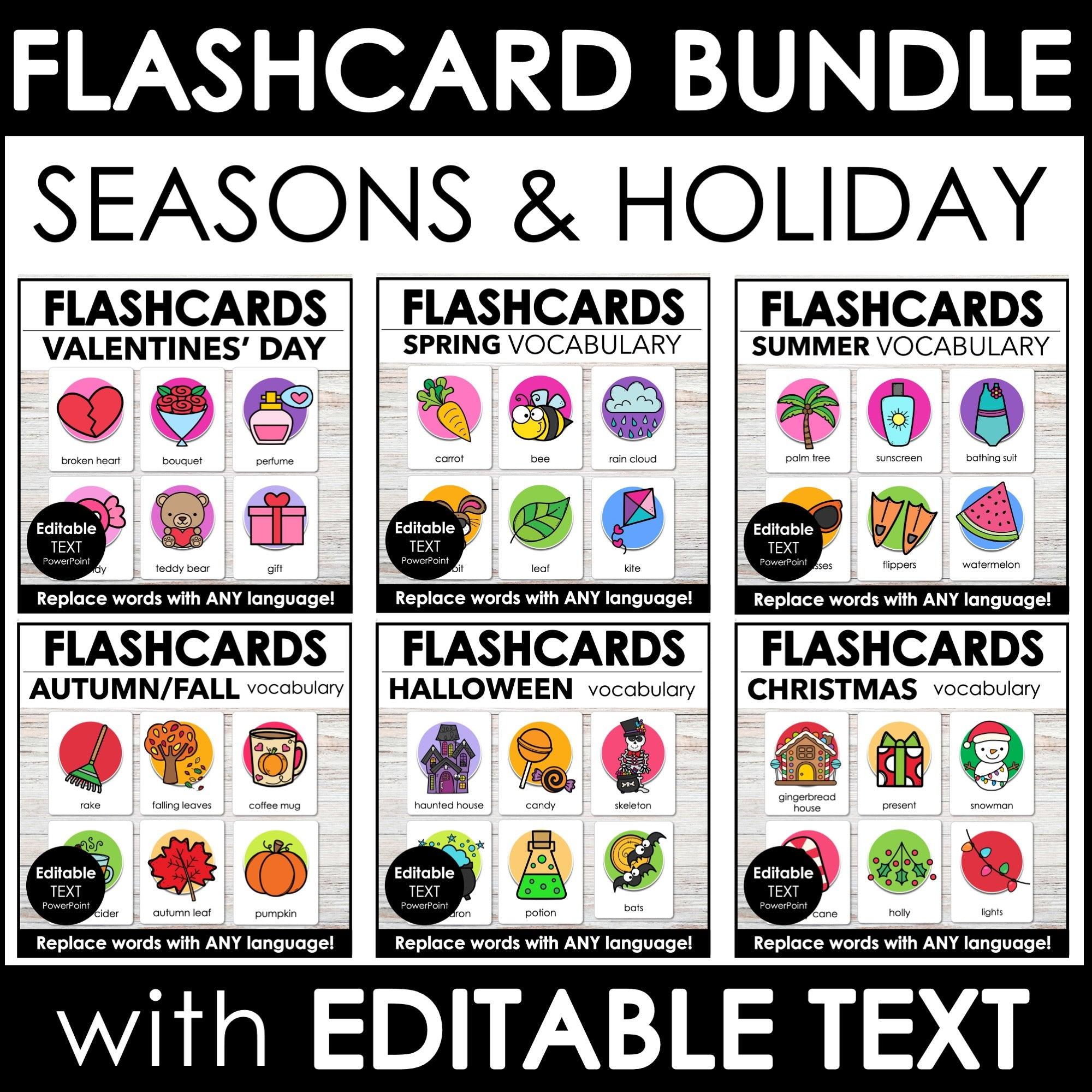 Vocabulary Flash card BUNDLE - Seasons and Holidays Editable Flashcards for ESL - Hot Chocolate Teachables