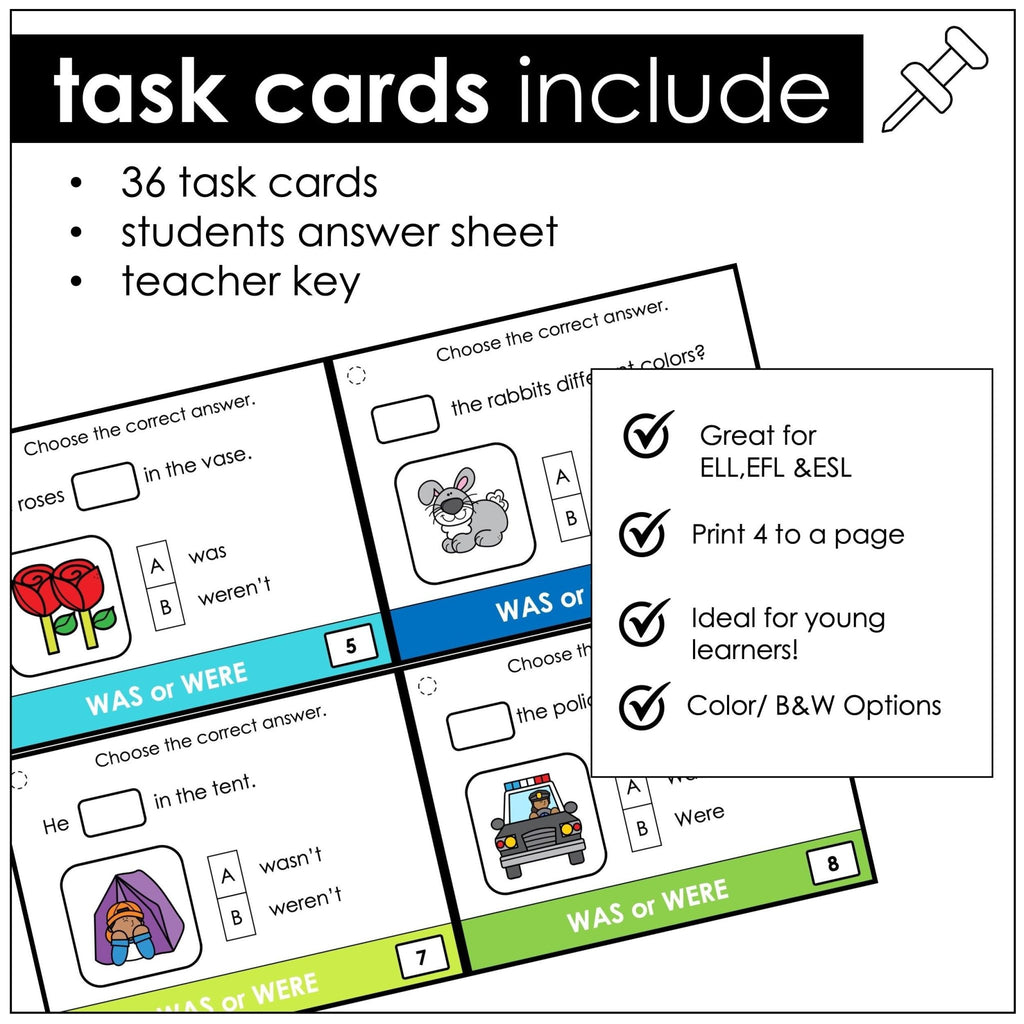 Was & Were Task Cards - Past Tense Subject Verb Agreement in Sentences - Hot Chocolate Teachables