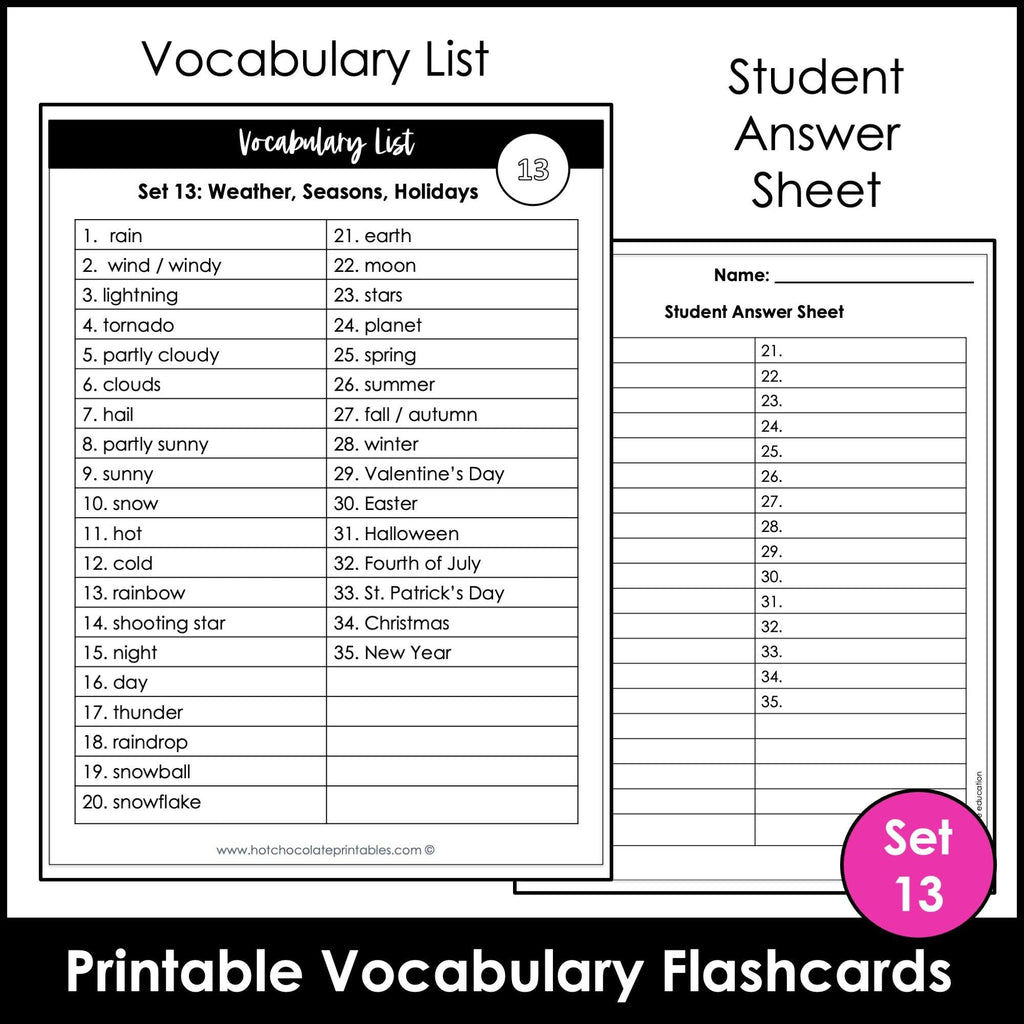 Weather & Seasonal Vocabulary Flash cards | ESL Task Cards - Holidays - Hot Chocolate Teachables