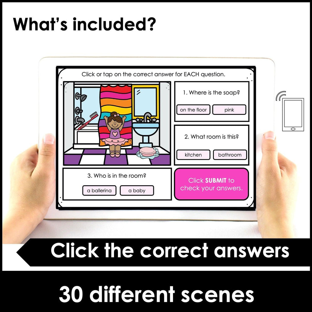 WH-Question Comprehension Boom Cards | What, Where, Who - Hot Chocolate Teachables