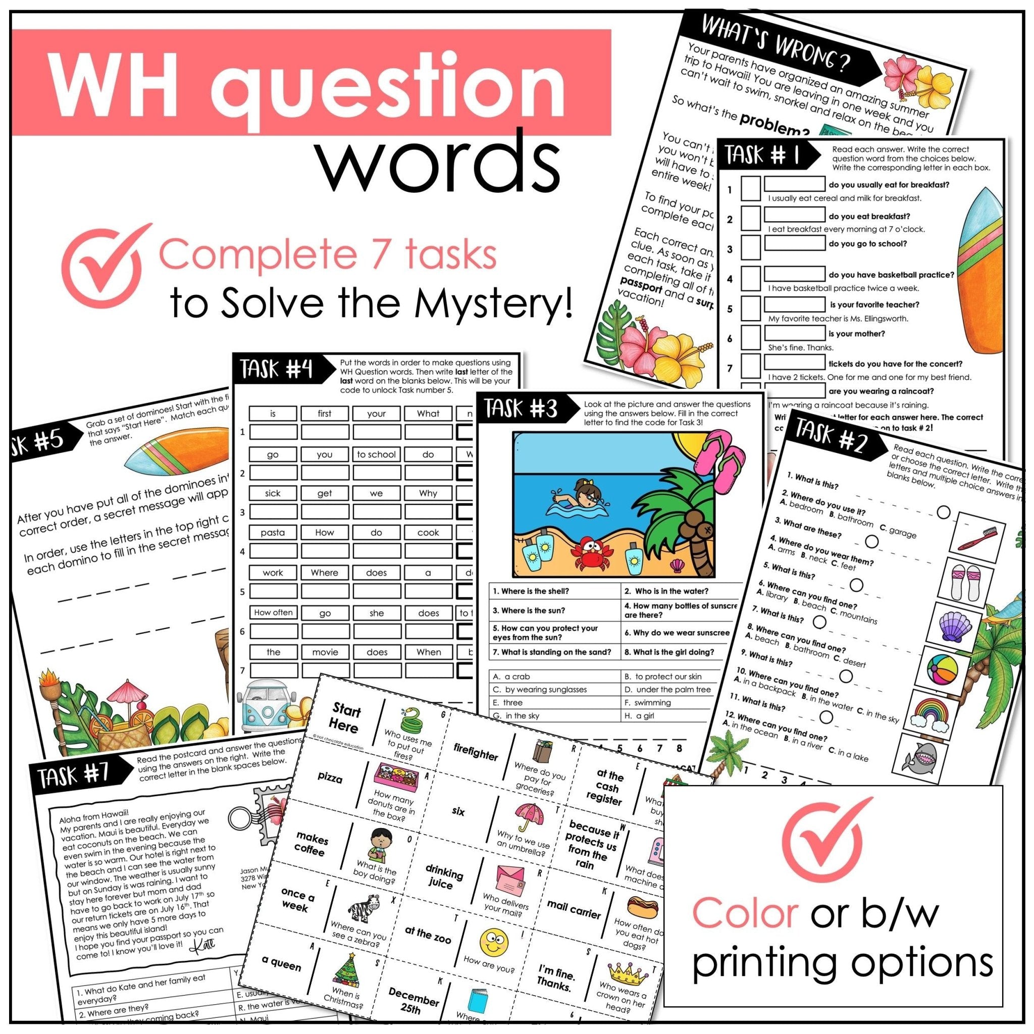 WH Question Escape Activity for ELL, EFL, ESL / Question Word Comprehension - Hot Chocolate Teachables