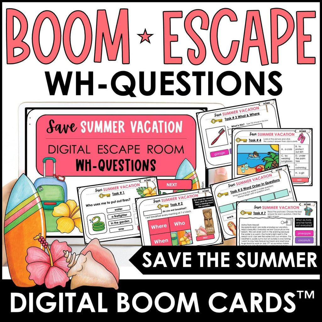 Wh Questions Digital Escape Boom Cards - What, Where, When, Why, Who, How - Hot Chocolate Teachables