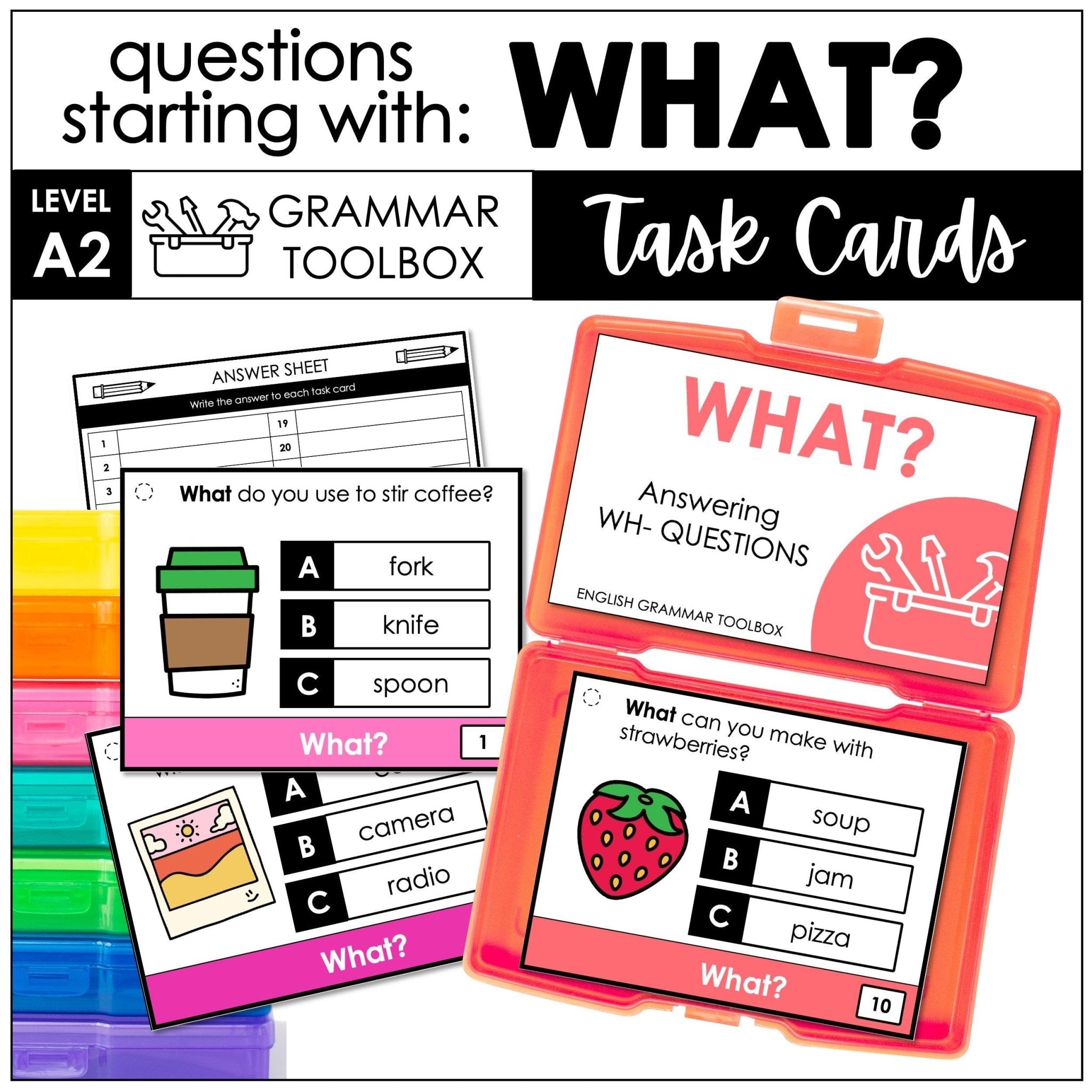 WHAT Questions - WH Question Word Comprehension Task Cards - Hot Chocolate Teachables