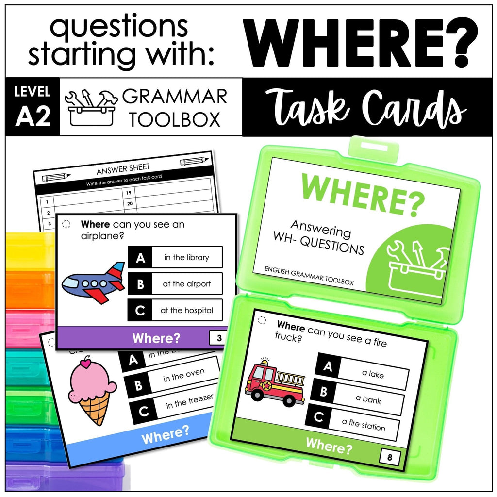 WHERE Questions - WH Question Comprehension Task Cards - Hot Chocolate Teachables