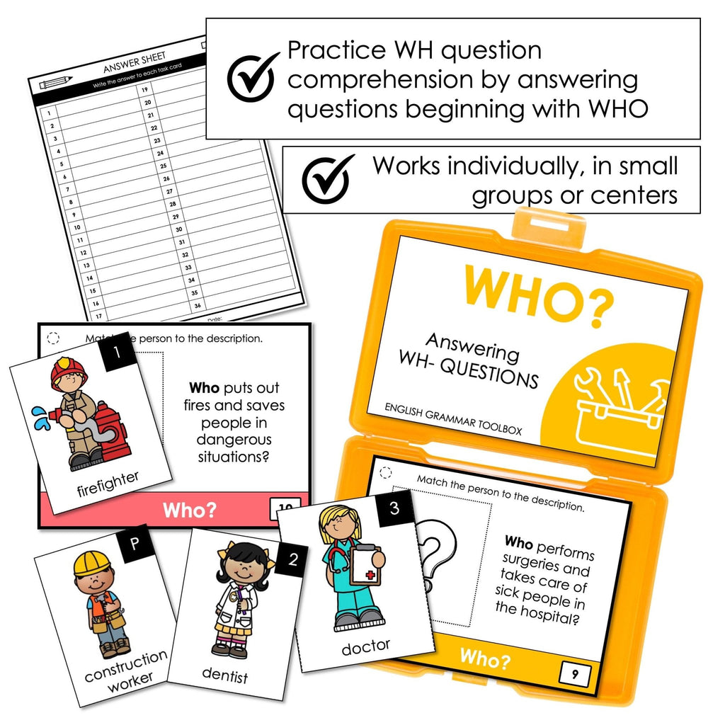 WHO Questions - WH Question Word Task Cards with Community Helpers - Hot Chocolate Teachables