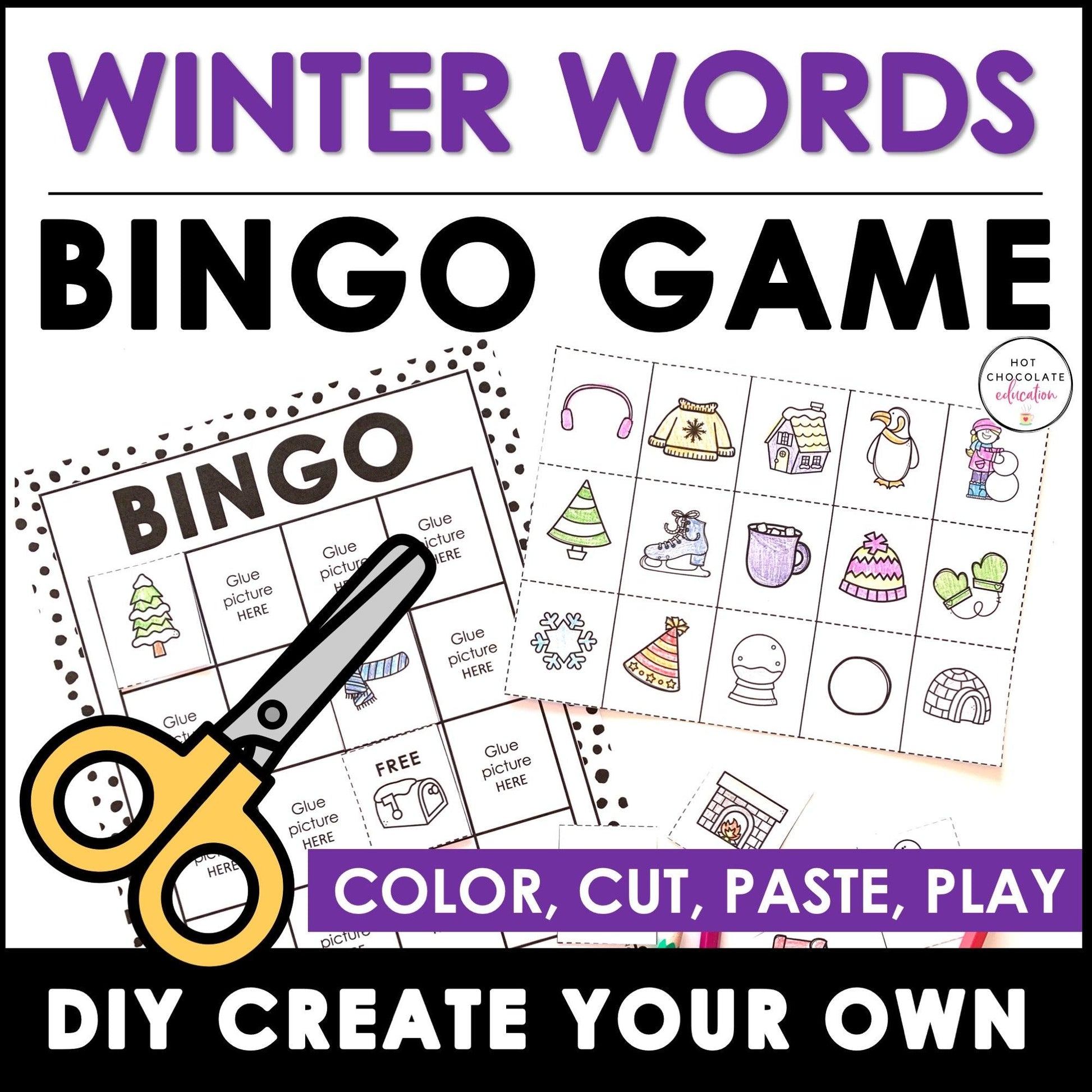 Winter Vocabulary Bingo Game - Cut and Paste Activity - Hot Chocolate Teachables