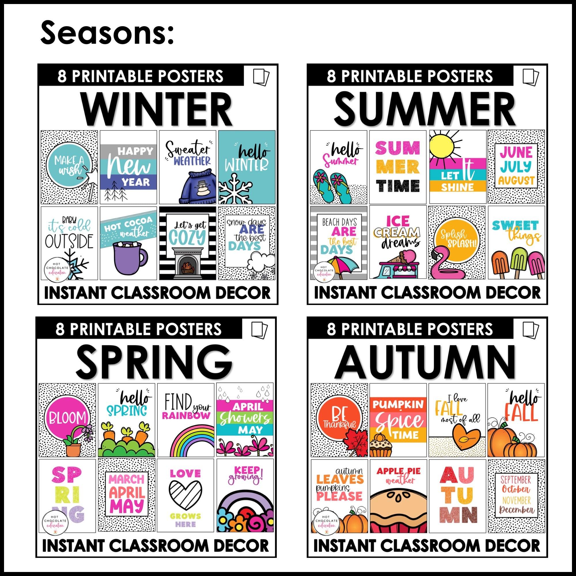 YEAR LONG Decorative Classroom Poster BUNDLE | SEASONAL Bulletin Board Decor - Hot Chocolate Teachables